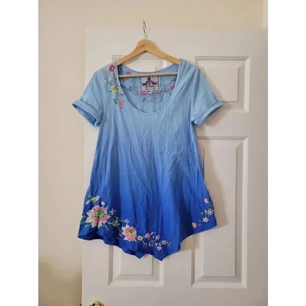 Johnny Was Blue Embroidered T Shirt S